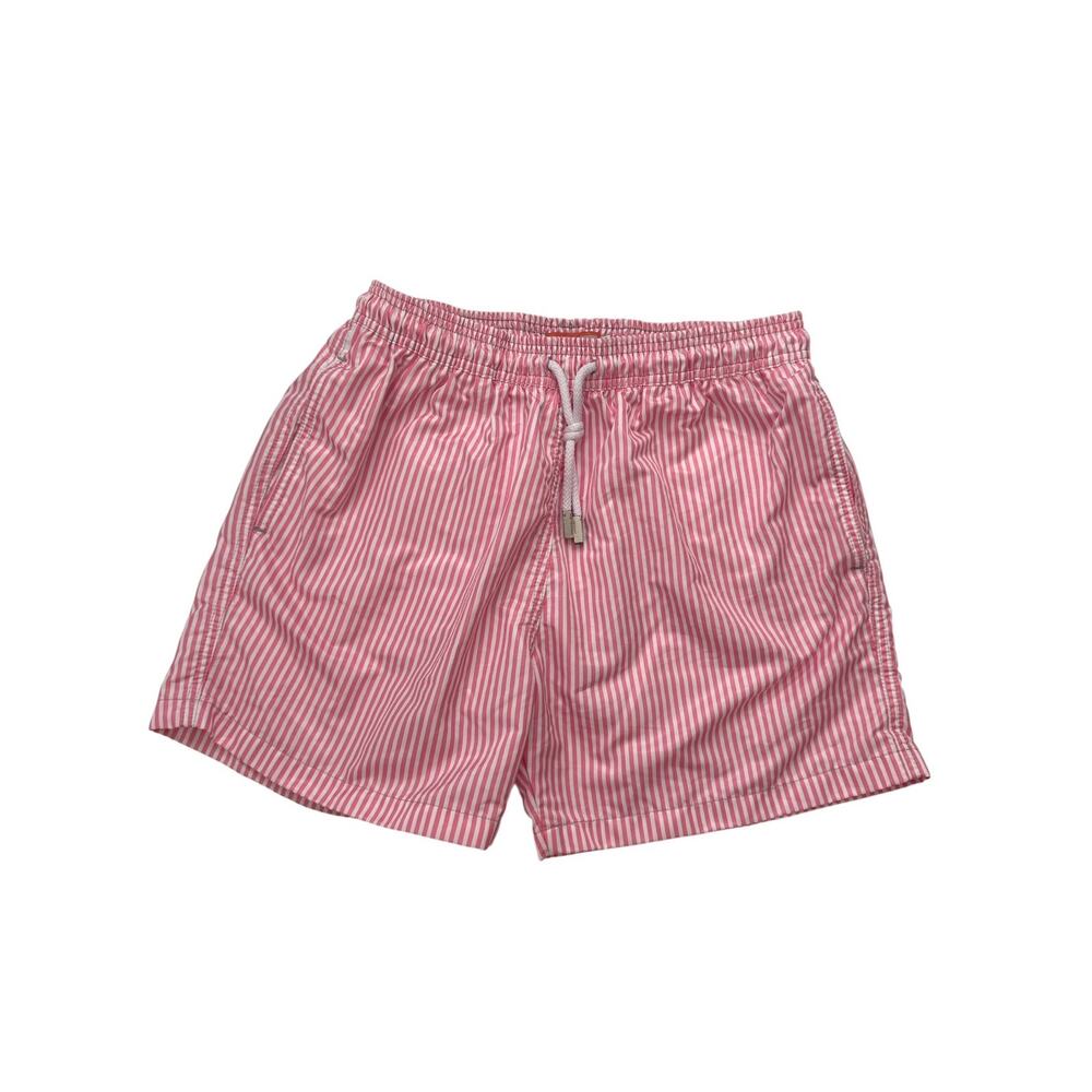 JON SONEN Pink White Vertical Stripe Swim Shorts Size Medium Mens Lined Pockets